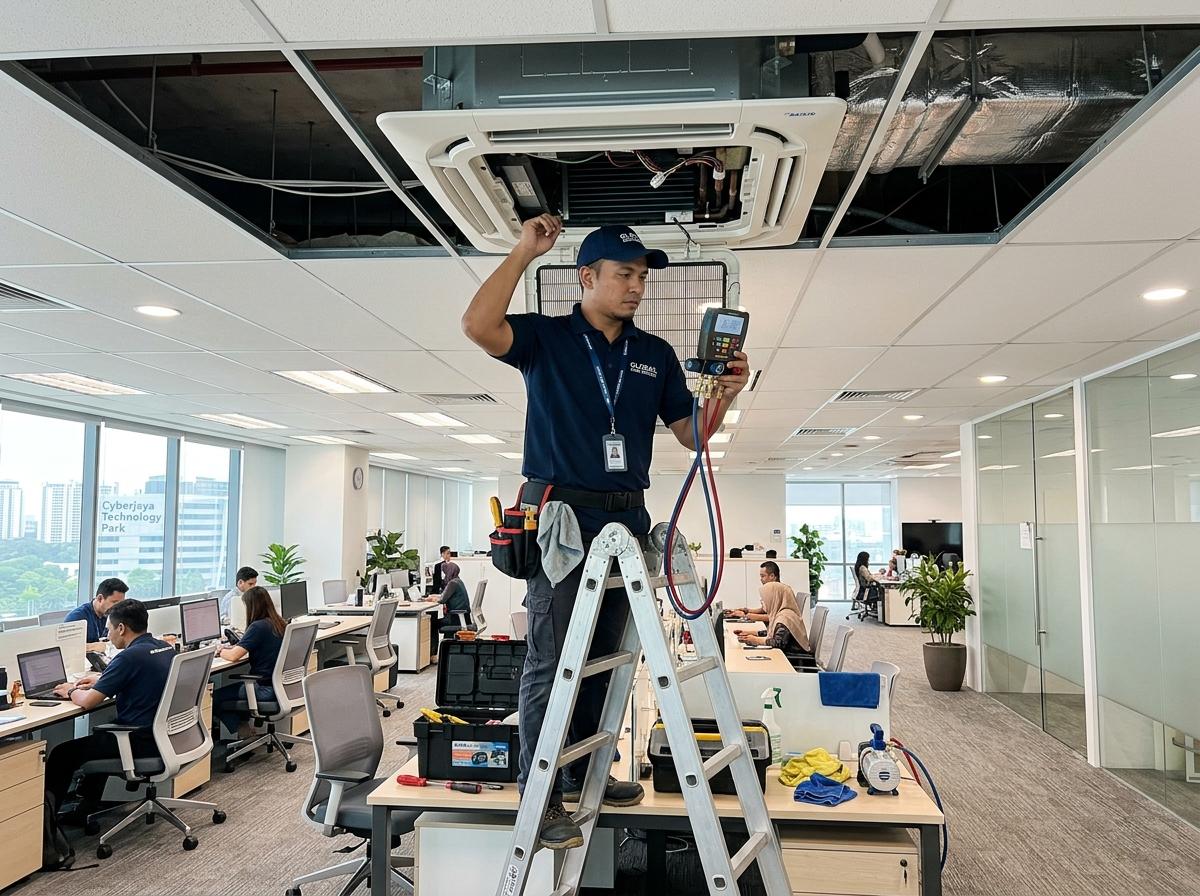 Quick AC technician servicing a 4-way ceiling cassette in a Puchong corporate tech office