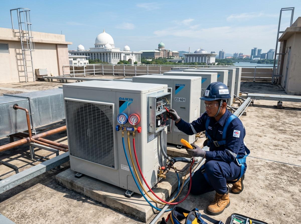 Quick AC certified technician checking commercial rooftop aircon condenser fleet in Puchong