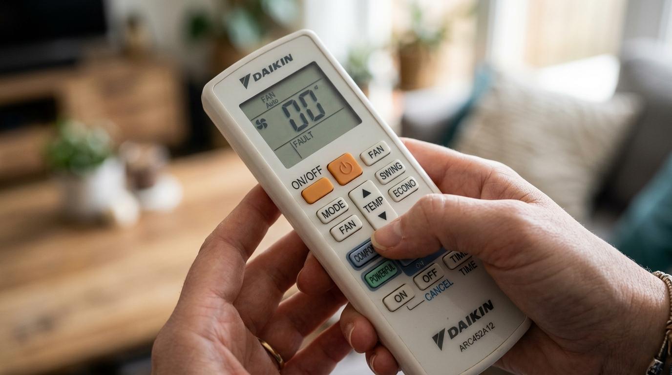 Holding CANCEL button on Daikin remote control showing 00 fault code