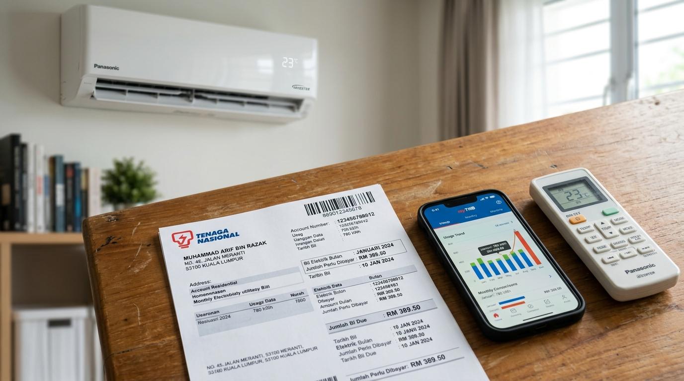 Malaysian TNB electricity bill showing increased kilowatt consumption from unserviced air conditioner